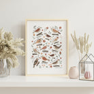 Garden bird Christian print displayed in a light frame with calm neutral decor and soft natural accessories.