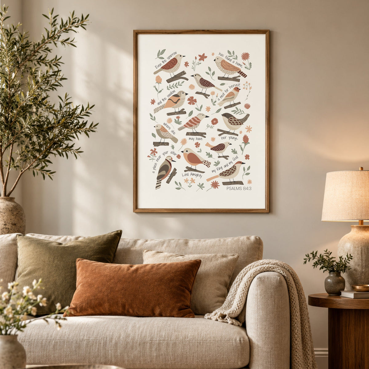 Psalm 84:3 Christian wall art displayed above a neutral sofa in a cosy living room with warm earthy tones.