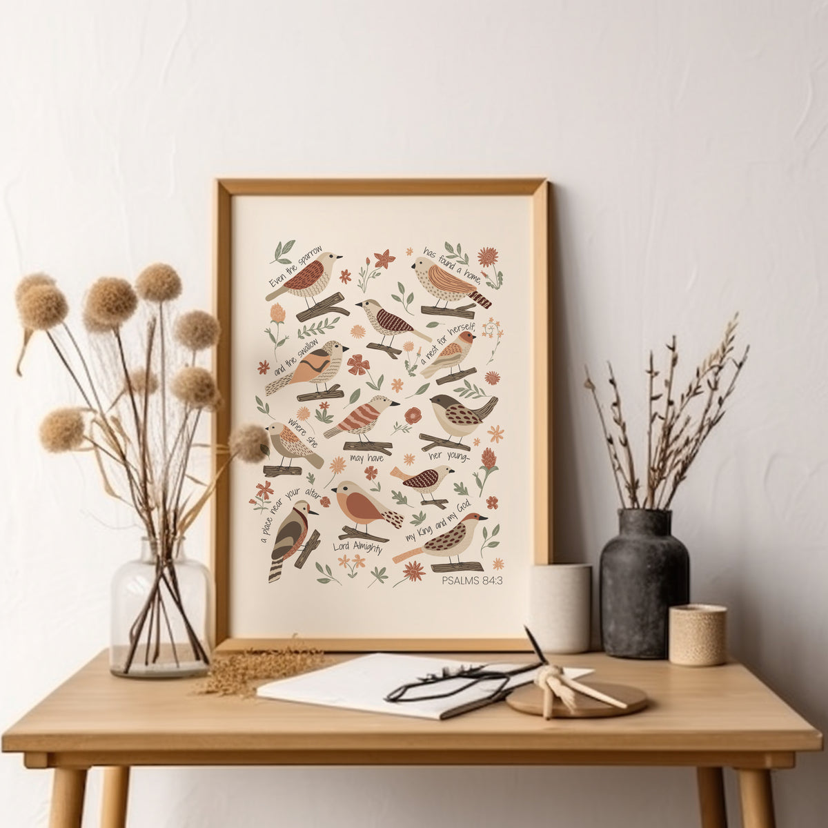 Hand-illustrated bird scripture print featuring sparrows, garden birds, flowers and soft earthy botanical details.