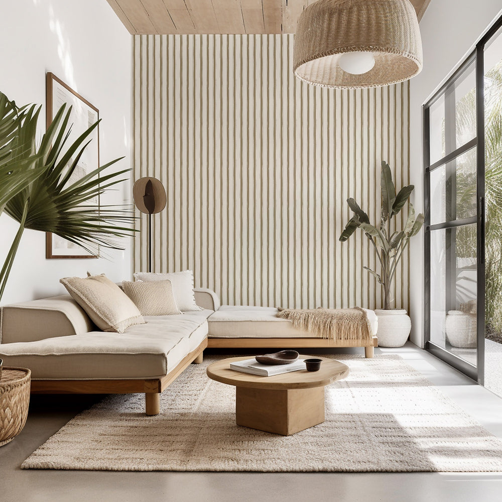 A modern boho-style living room featuring a low-profile sectional sofa in beige and light wood, a matching chaise lounge, a round wooden coffee table, a textured beige rug, and a prominent vertical slat accent wall.