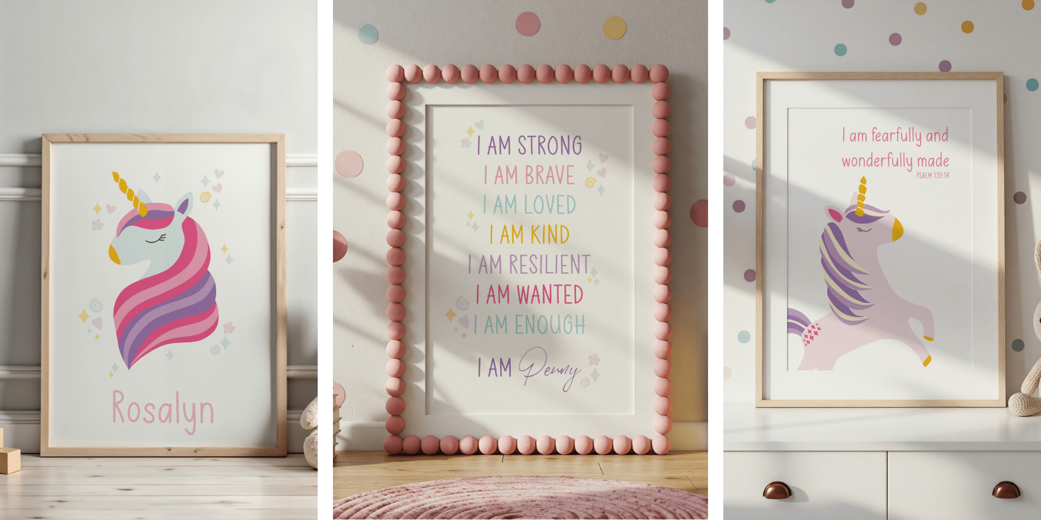 Trio of framed unicorn prints including personalised name print, affirmation print, and Bible verse wall art – inspiring and faith-filled artwork for children’s rooms