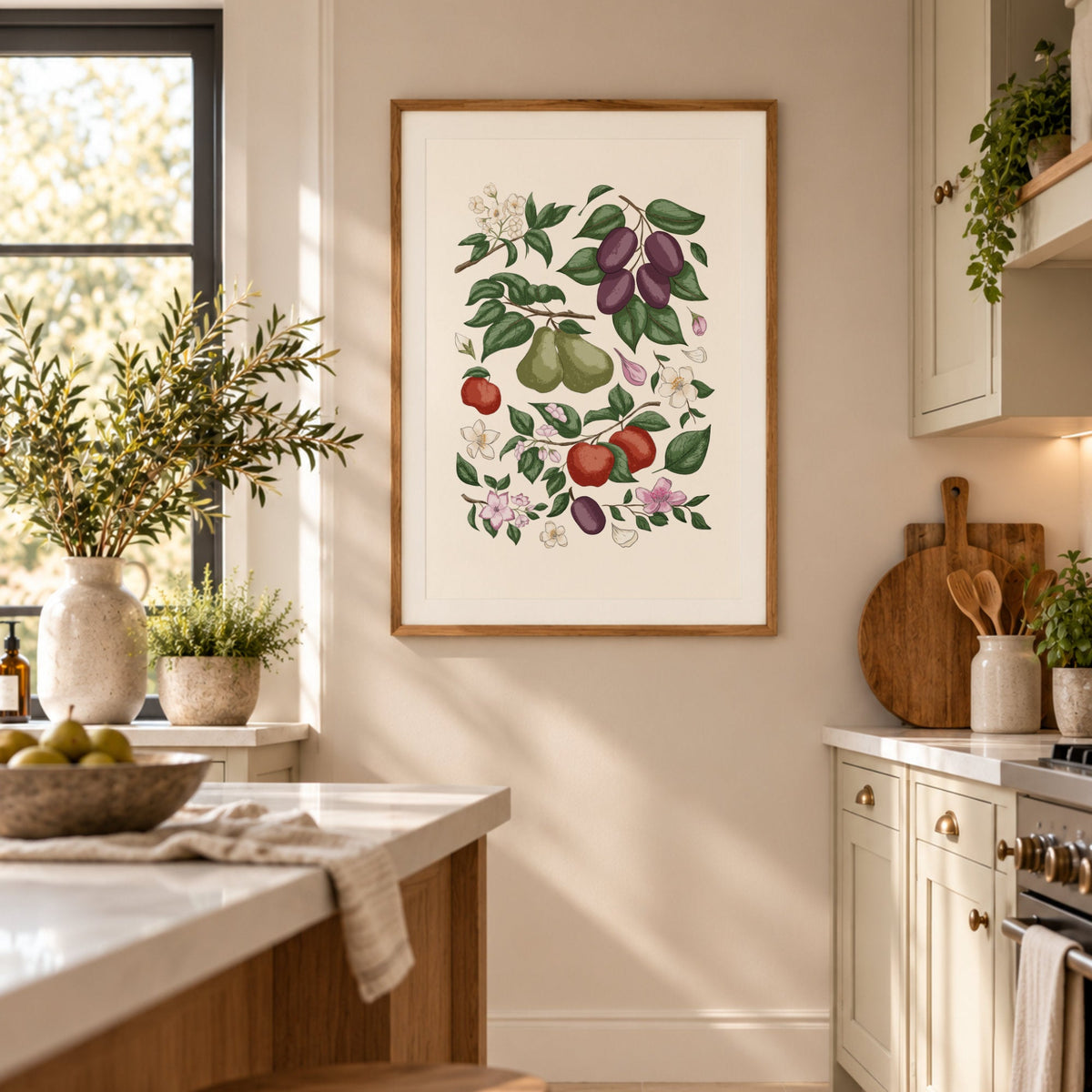 Orchard fruit wall art displayed in a bright cottage-style kitchen with warm wood and soft neutral tones.