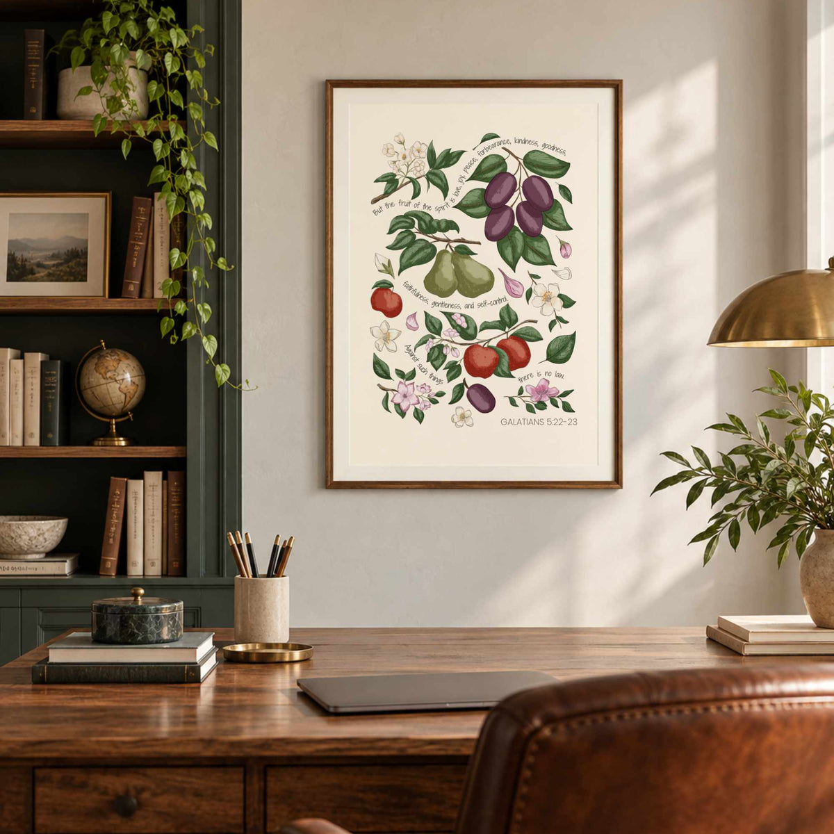 Christian botanical fruit print displayed in a warm dark wood interior with shelving and natural textures.
