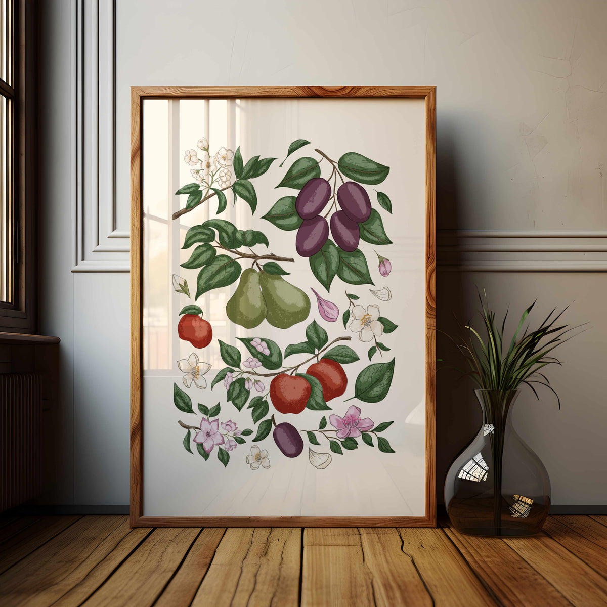 Botanical fruit wall art displayed in a warm dark wood interior with shelving and natural textures.