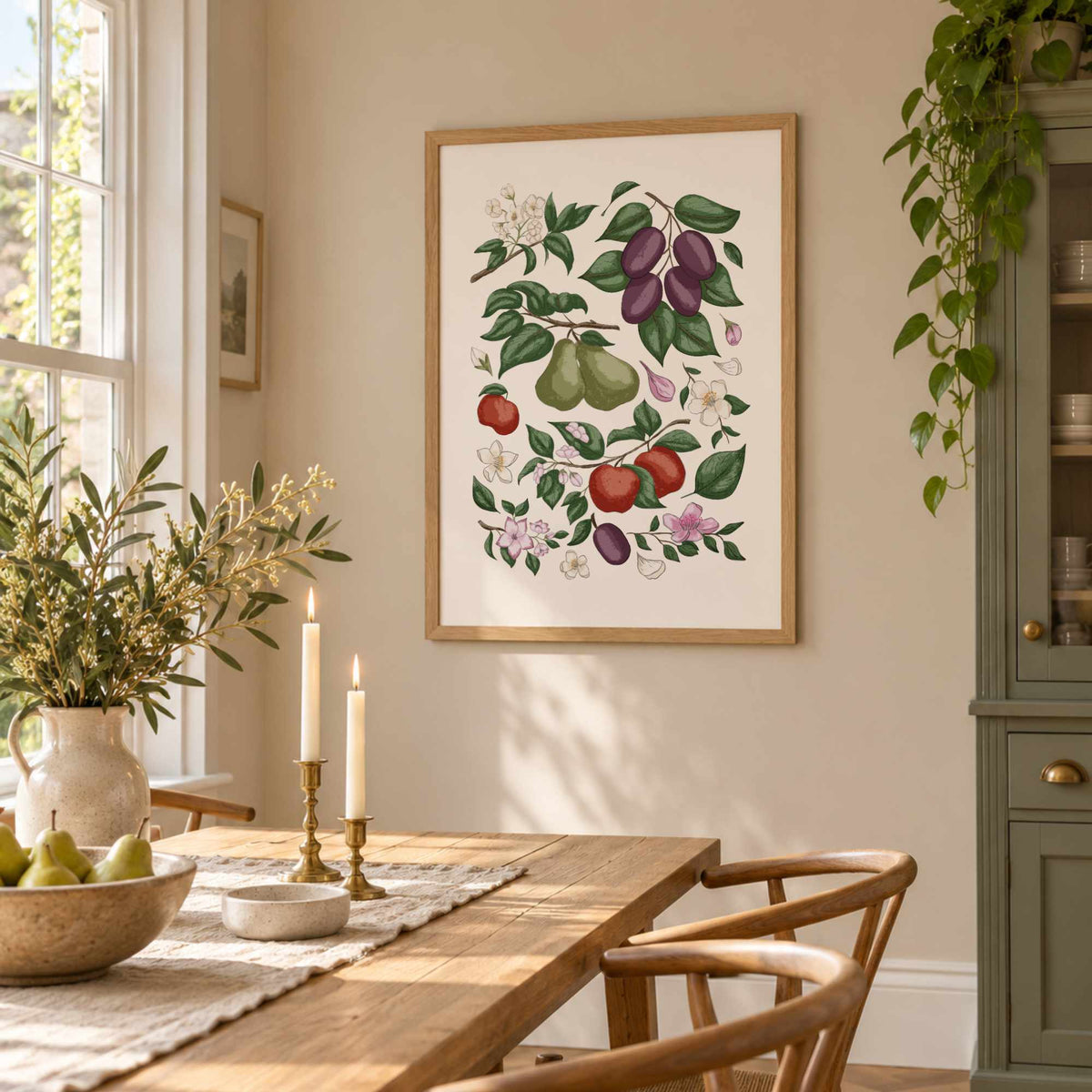 Orchard fruit print displayed in a bright dining room with natural wood furniture and warm cottage styling.