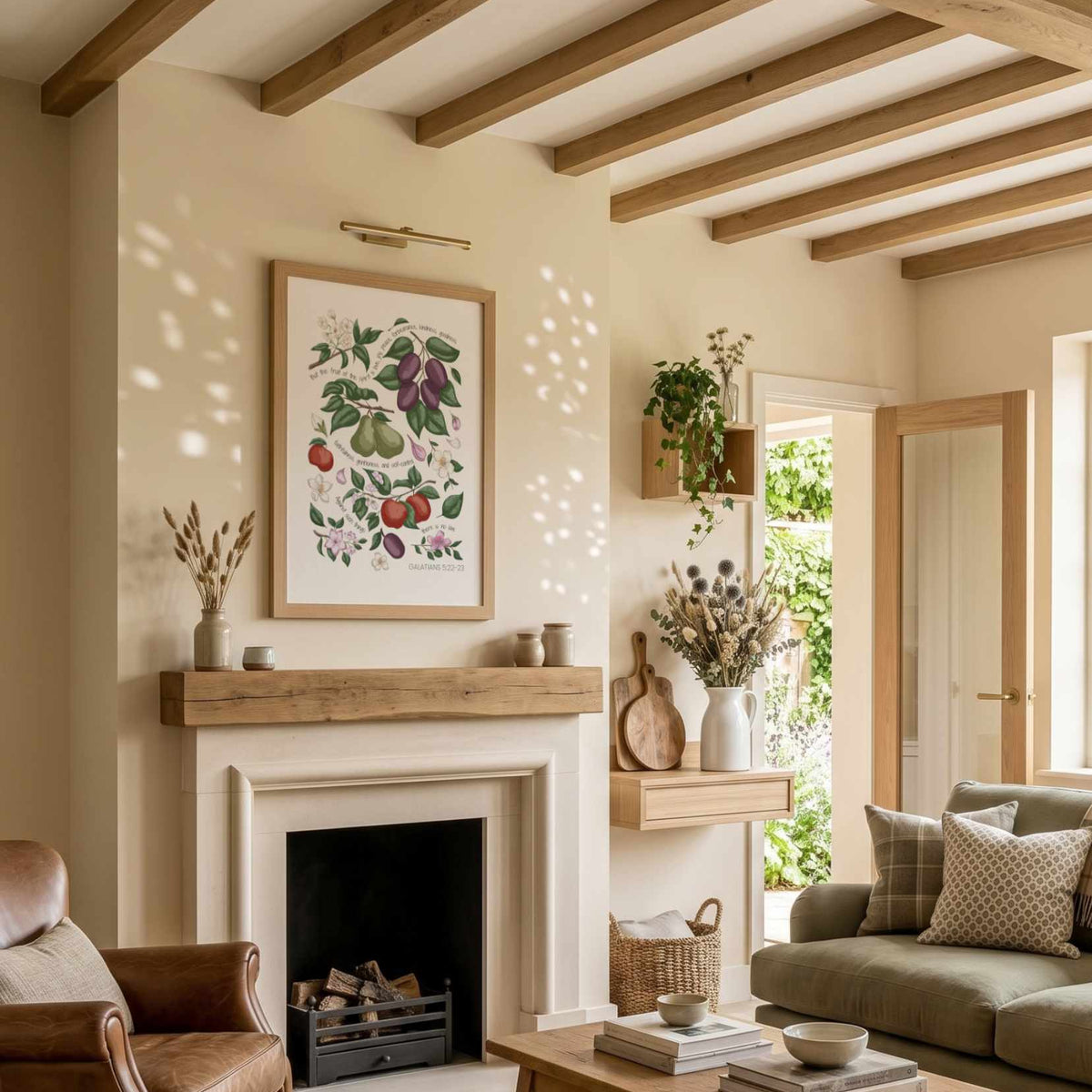 Fruits of the Spirit wall art displayed above a fireplace in a bright country living room with exposed wooden beams.