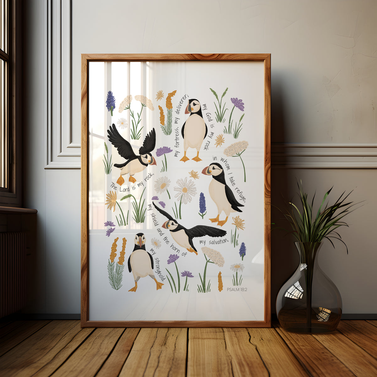 Puffin scripture wall art displayed on a neutral shelf with candles, pottery and soft minimalist decor.