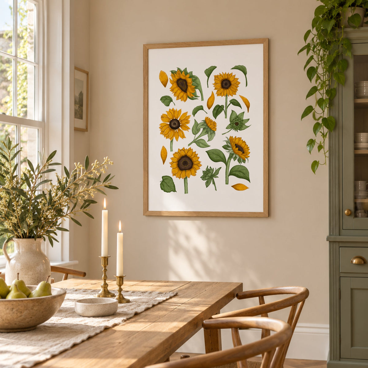 Golden sunflower botanical print displayed in a bright dining room with a wooden table, natural light and warm cottage-inspired styling.