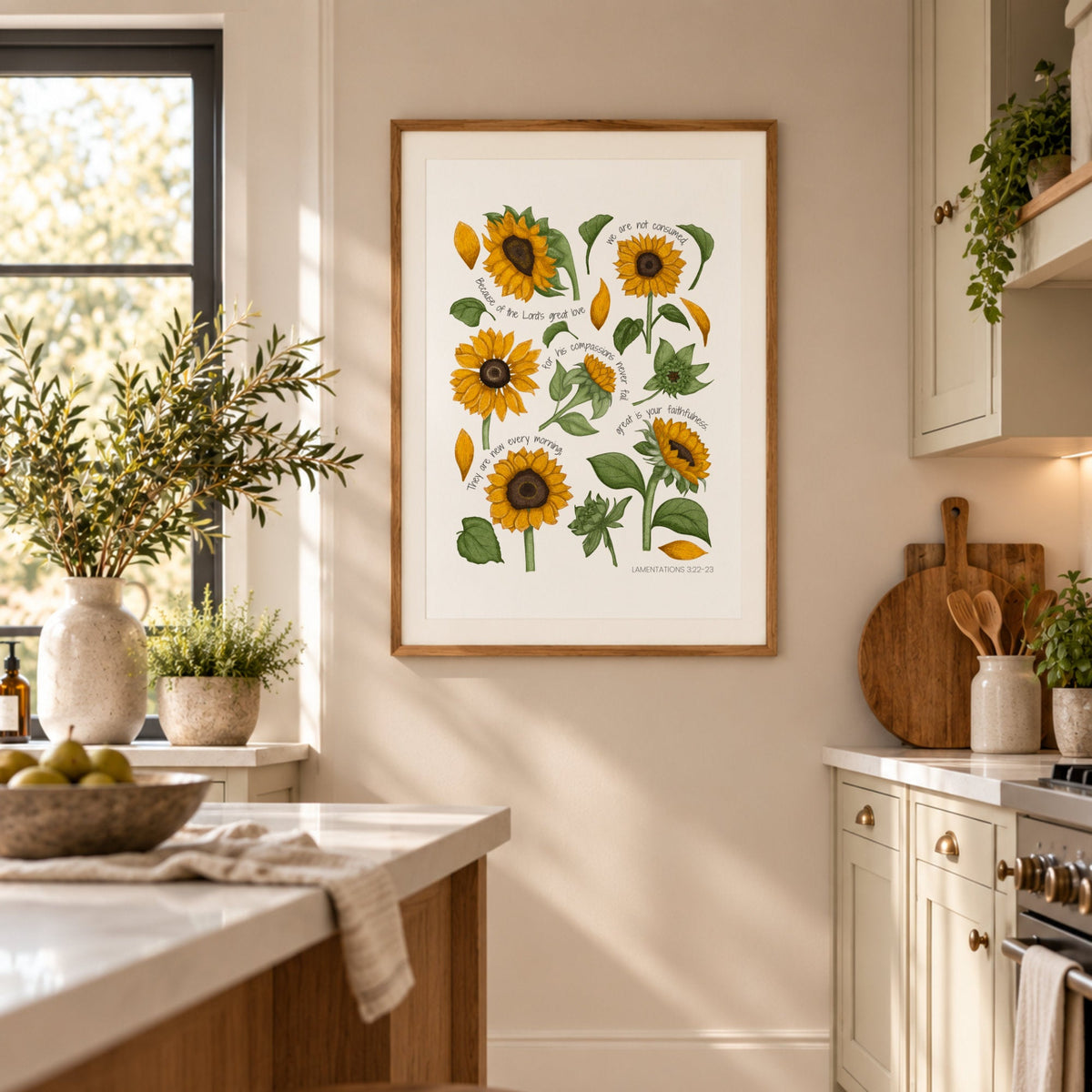 Sunflower wall art displayed in a light oak frame in a bright cottage-style kitchen.
