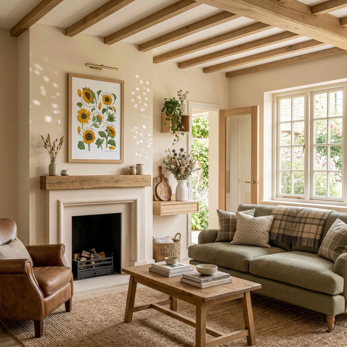 Botanical sunflower poster in a cosy living room interior with natural textures and earthy decor.