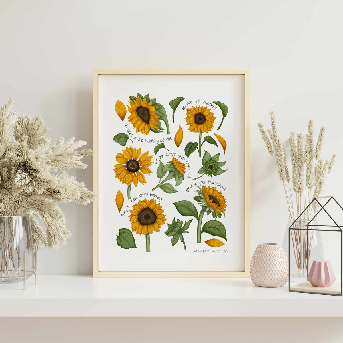 Hand-drawn sunflower botanical art print with golden yellow flowers and sage green leaves on a warm neutral background.
