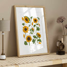 Close-up of golden sunflower illustration showing hand-drawn linework and textured botanical details.