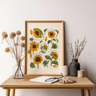 Cottagecore sunflower wall art featuring large yellow blooms and soft green foliage.