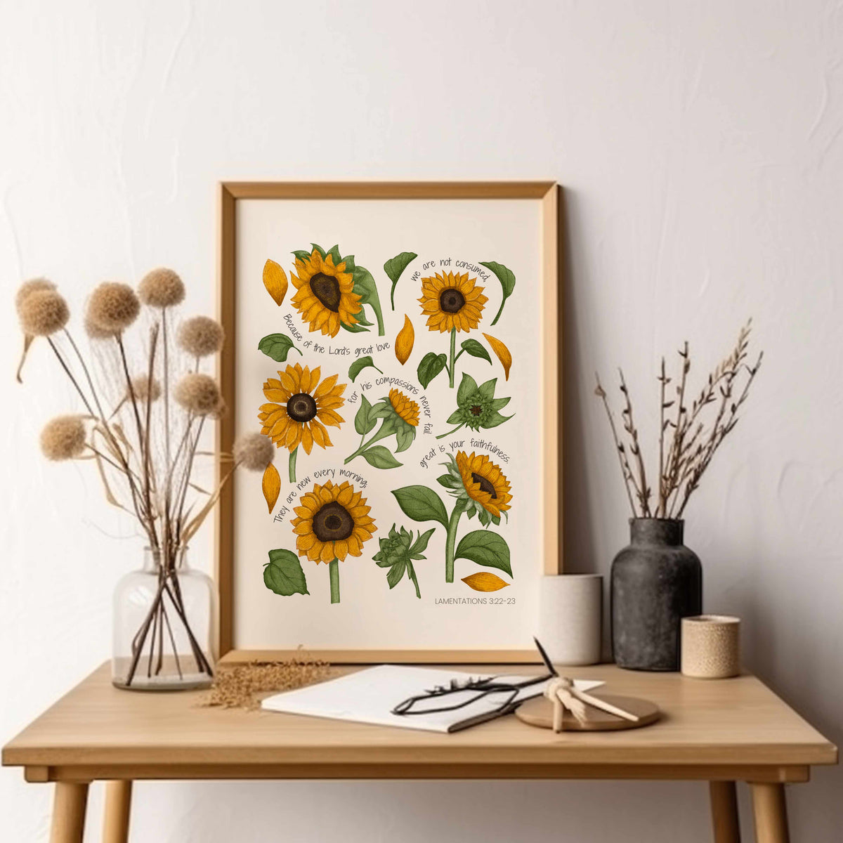 Cottagecore sunflower wall art featuring large yellow blooms and soft green foliage.