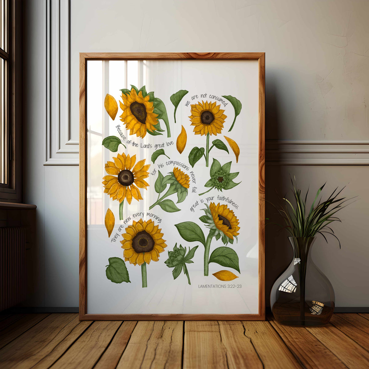 Hand-drawn yellow sunflower print inspired by English gardens and British countryside flowers.